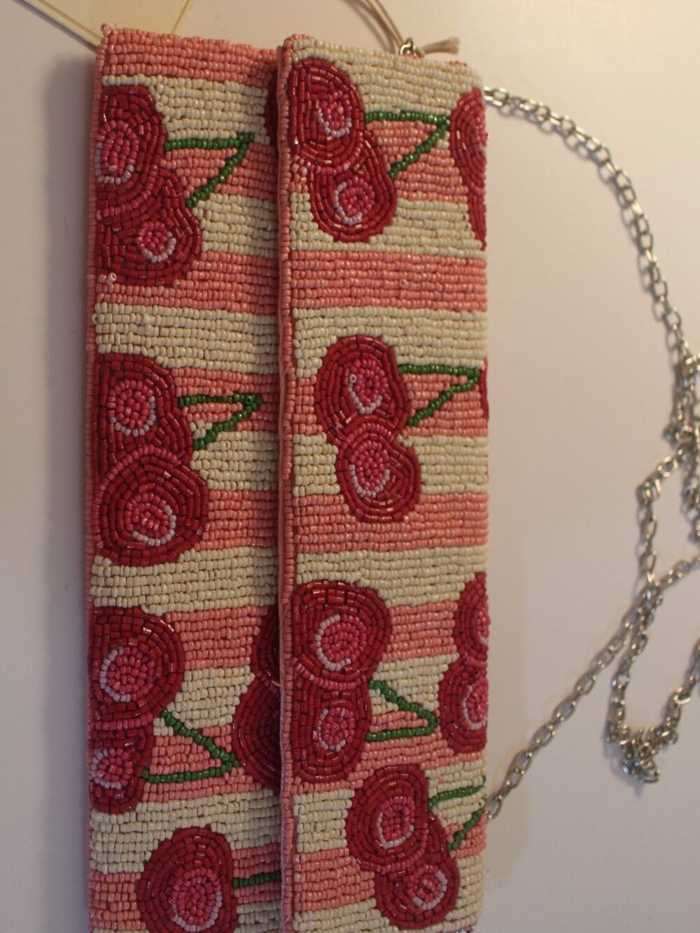 SOL and MER Pink Striped Cherry Beaded Clutch With Chain Strap